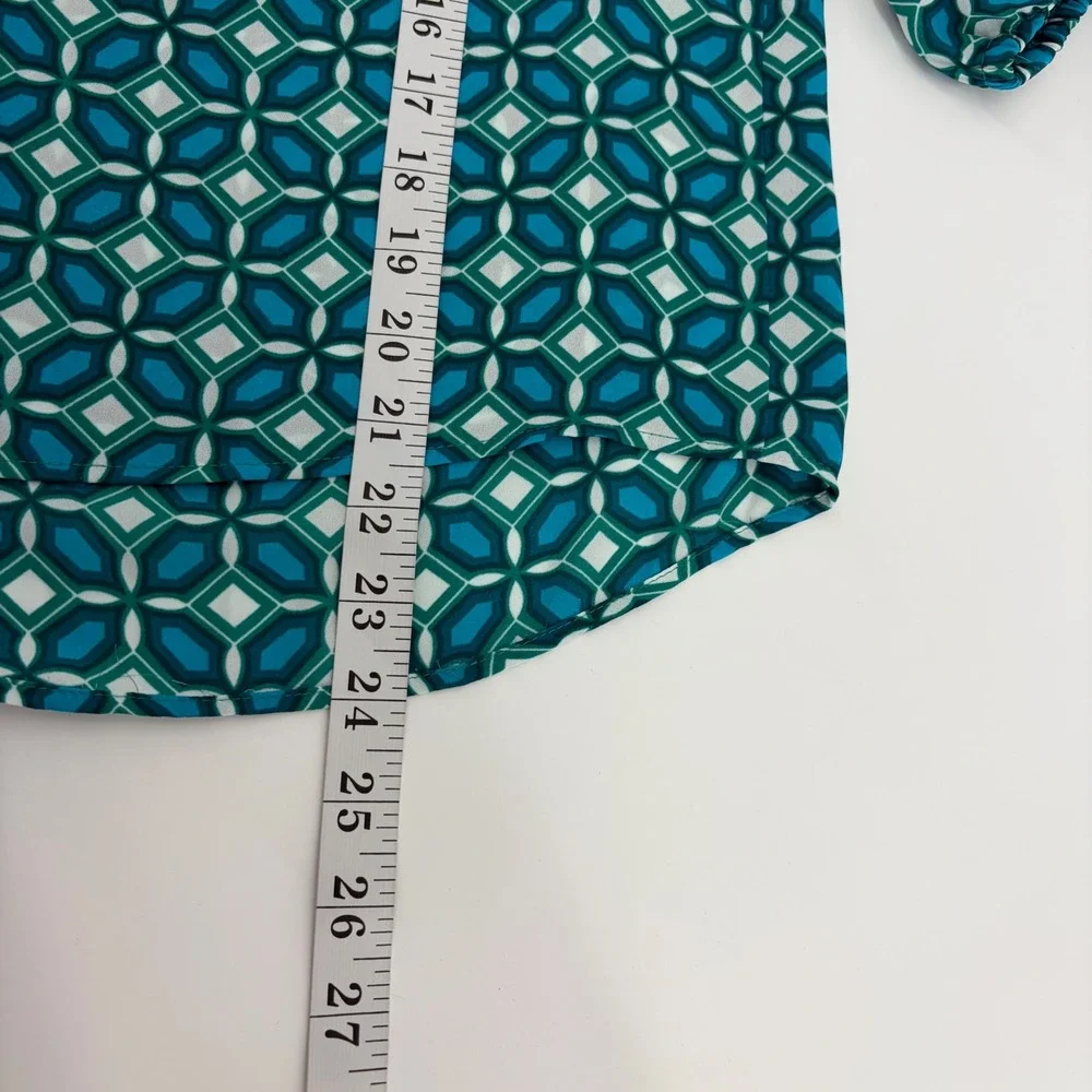 LOFT Womens XSP Teal Geometric Tile Print 3/4 Sleeve Ladder Lace Blouse Top